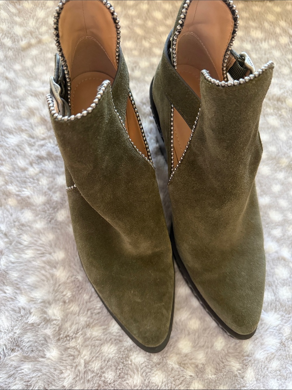 Coach Olive Suede Pointed Ankle Booties with Silver Bead Trim